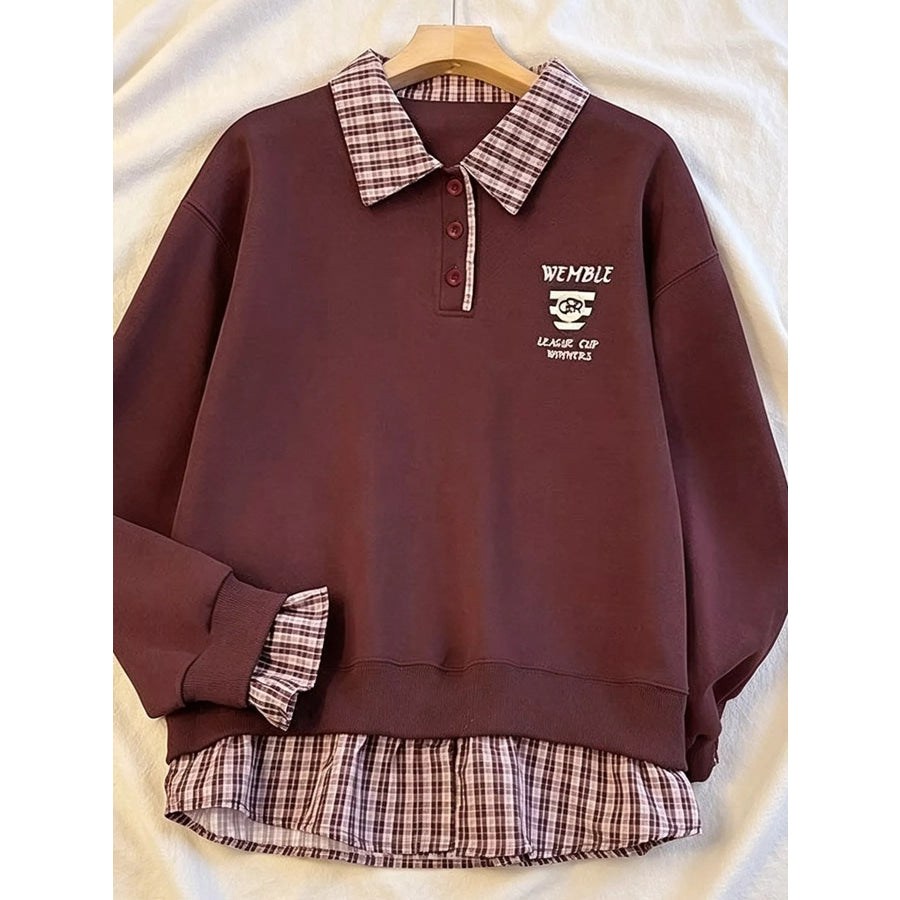 Plaid Collared Faux-Layered Hem Sweatshirt Apparel and Accessories