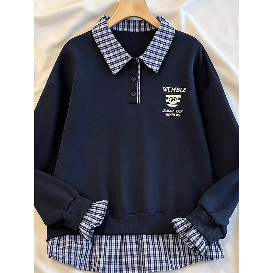 Plaid Collared Faux-Layered Hem Sweatshirt Navy Blue / S Apparel and Accessories