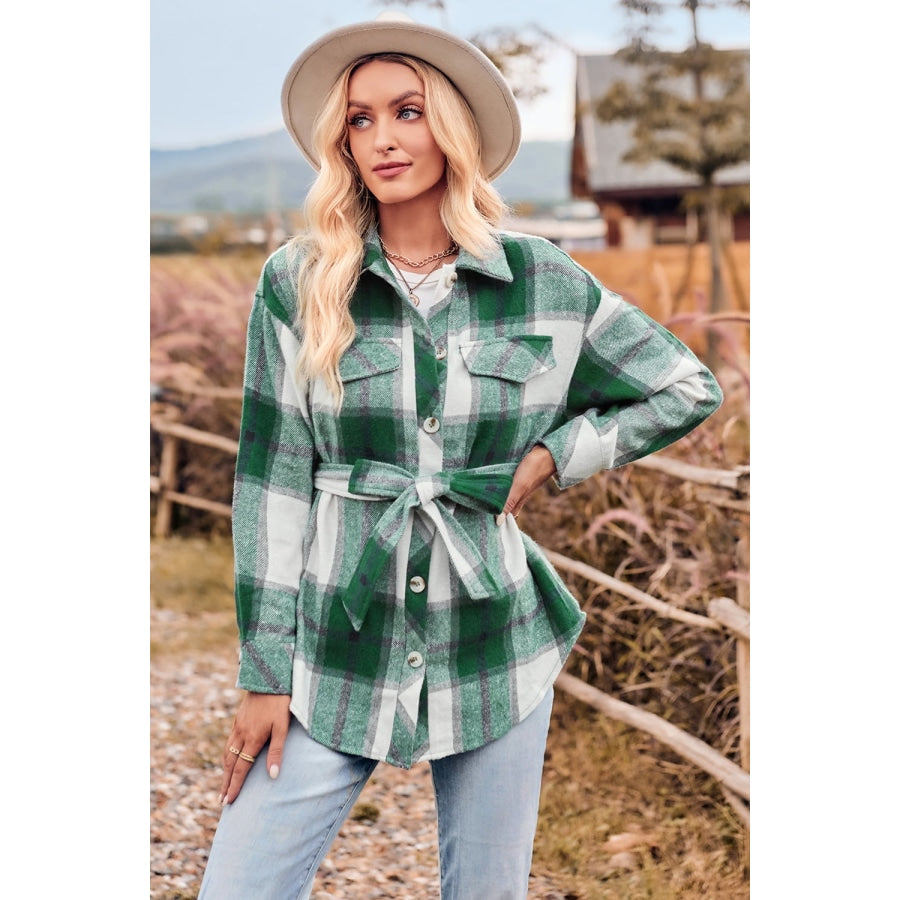 Plaid Collared Neck Bow Front Long Sleeve Jacket Green / S