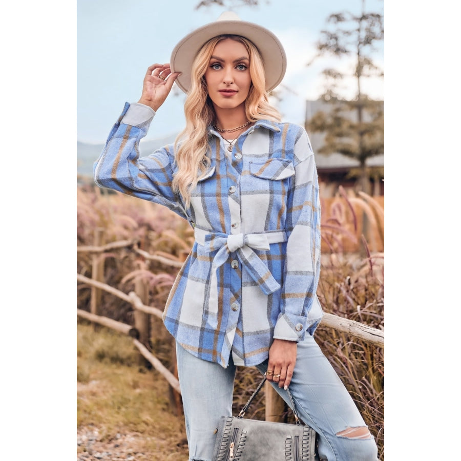 Plaid Collared Neck Bow Front Long Sleeve Jacket Misty Blue / S