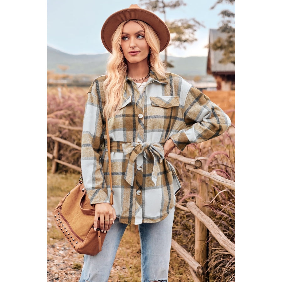 Plaid Collared Neck Bow Front Long Sleeve Jacket Tan / S