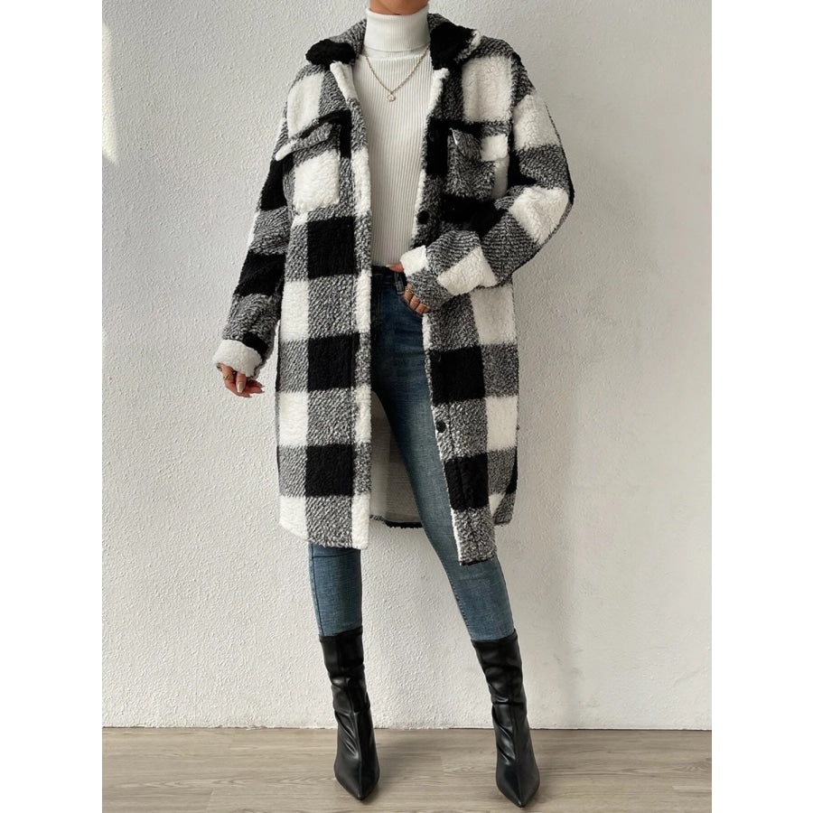 Plaid Collared Neck Button Down Coat Black / S