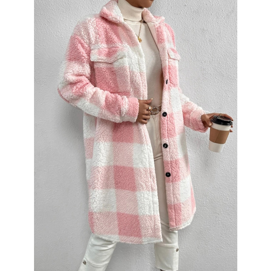 Plaid Collared Neck Button Down Coat Blush Pink / S