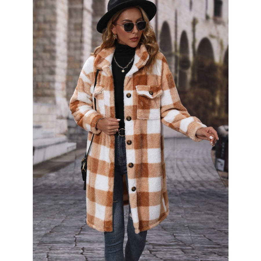 Plaid Collared Neck Button Down Coat Chestnut / S