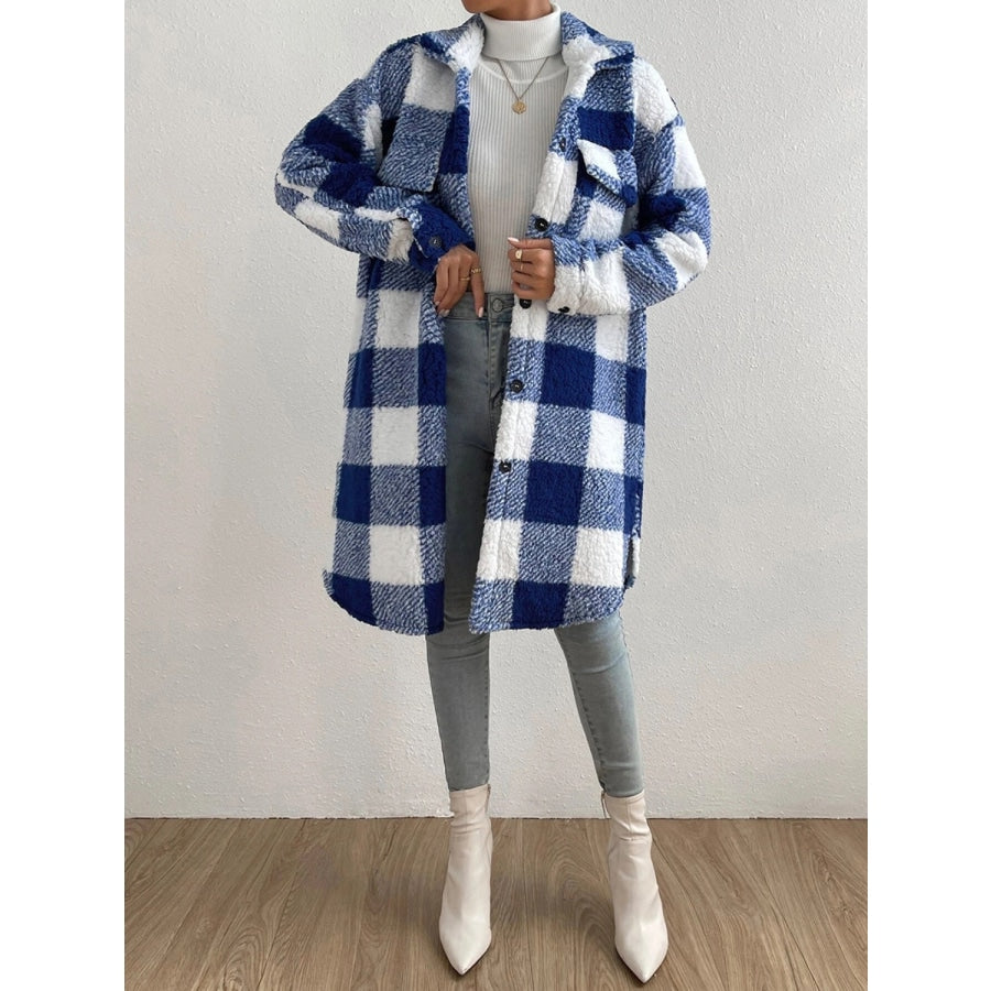 Plaid Collared Neck Button Down Coat Royal Blue / S