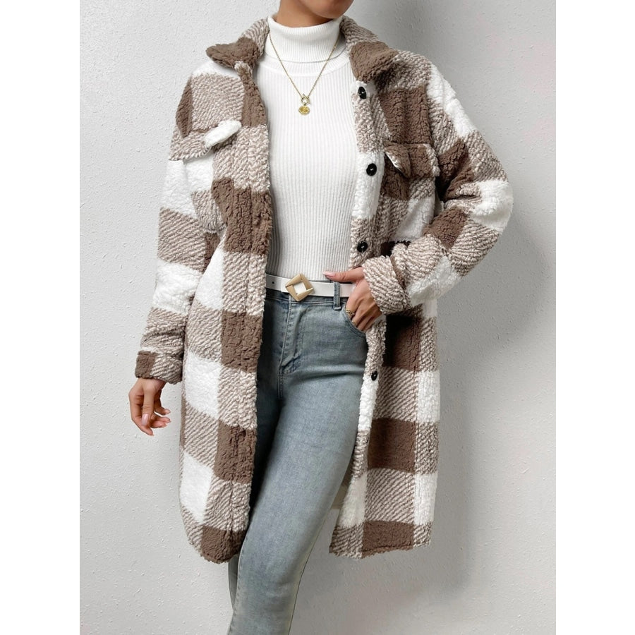 Plaid Collared Neck Button Down Coat Taupe / S