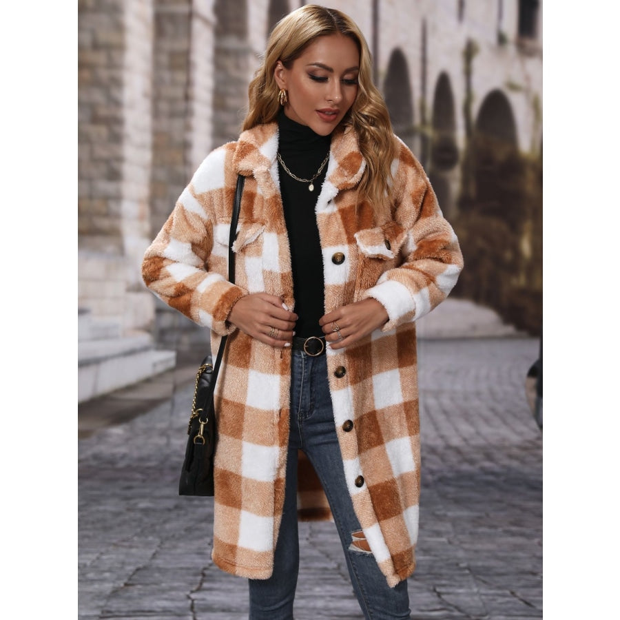 Plaid Collared Neck Button Down Coat