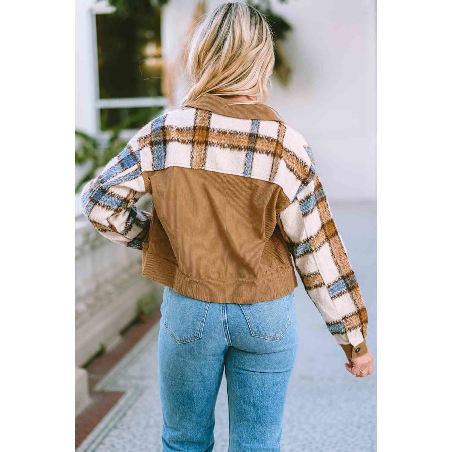 Plaid Collared Neck Button Down Jacket Camel / S Clothing