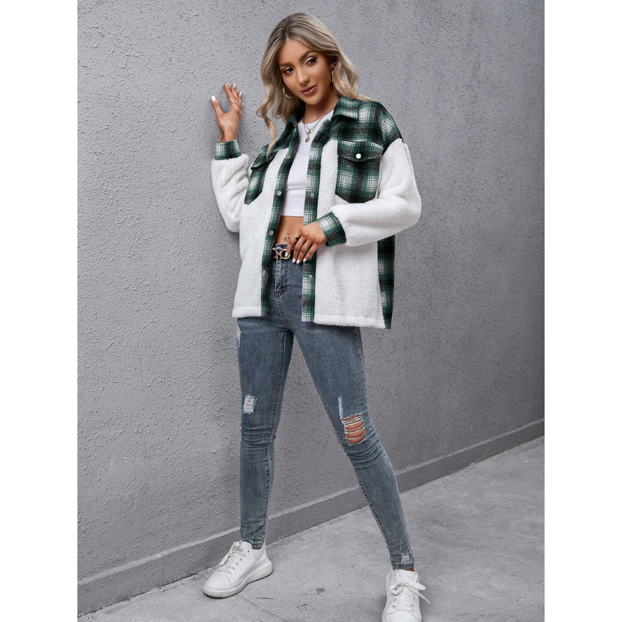 Plaid Collared Neck Button Down Jacket Green / S