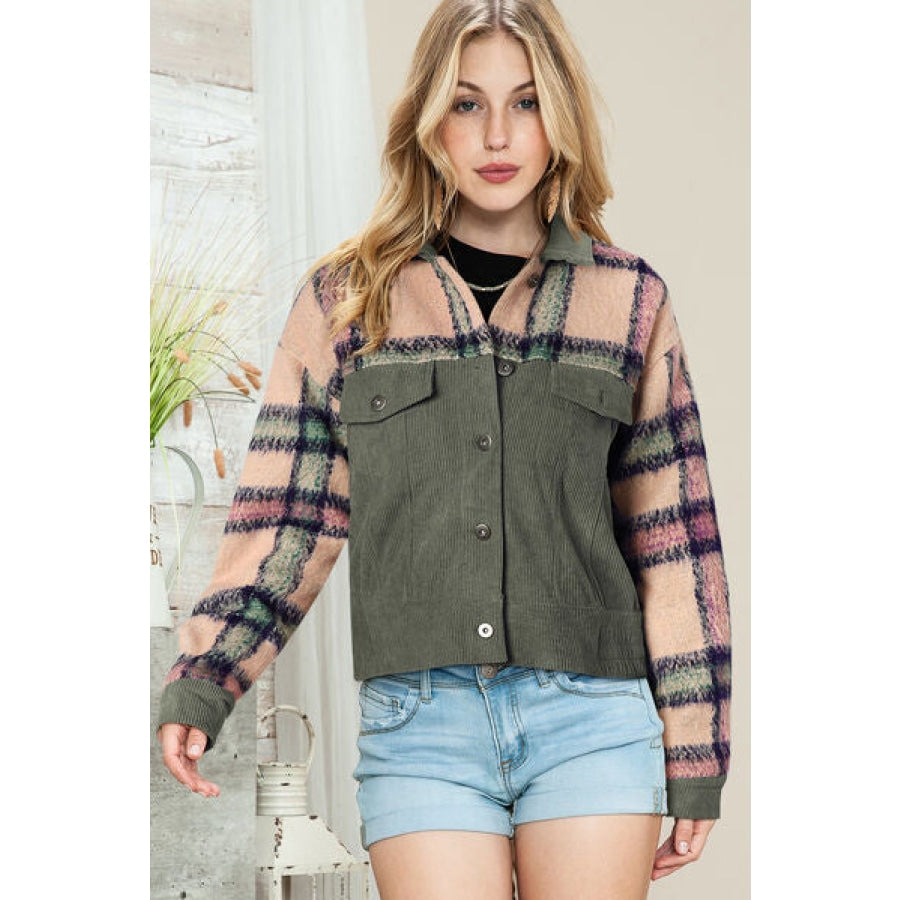 Plaid Collared Neck Button Down Jacket Moss / S Clothing