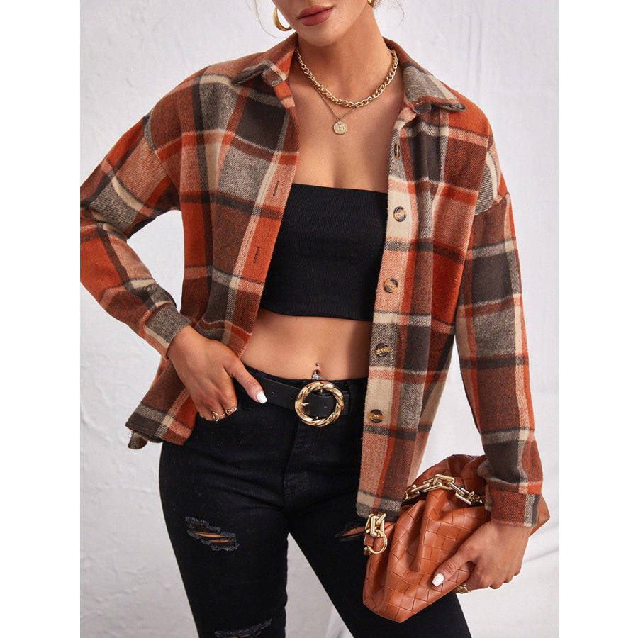 Plaid Collared Neck Button Down Jacket Ochre / S Apparel and Accessories