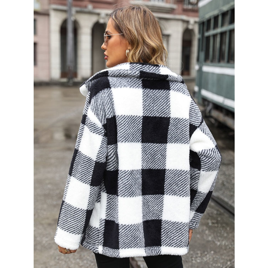 Plaid Collared Neck Button Down Jacket Black / S