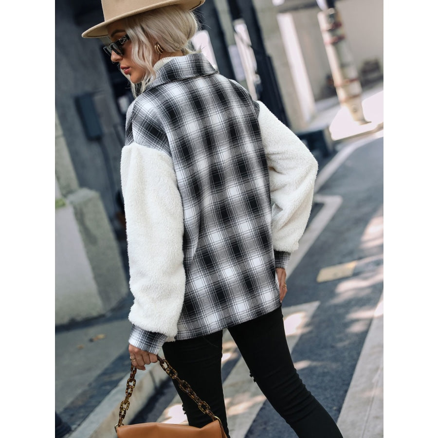 Plaid Collared Neck Button Down Jacket White / S