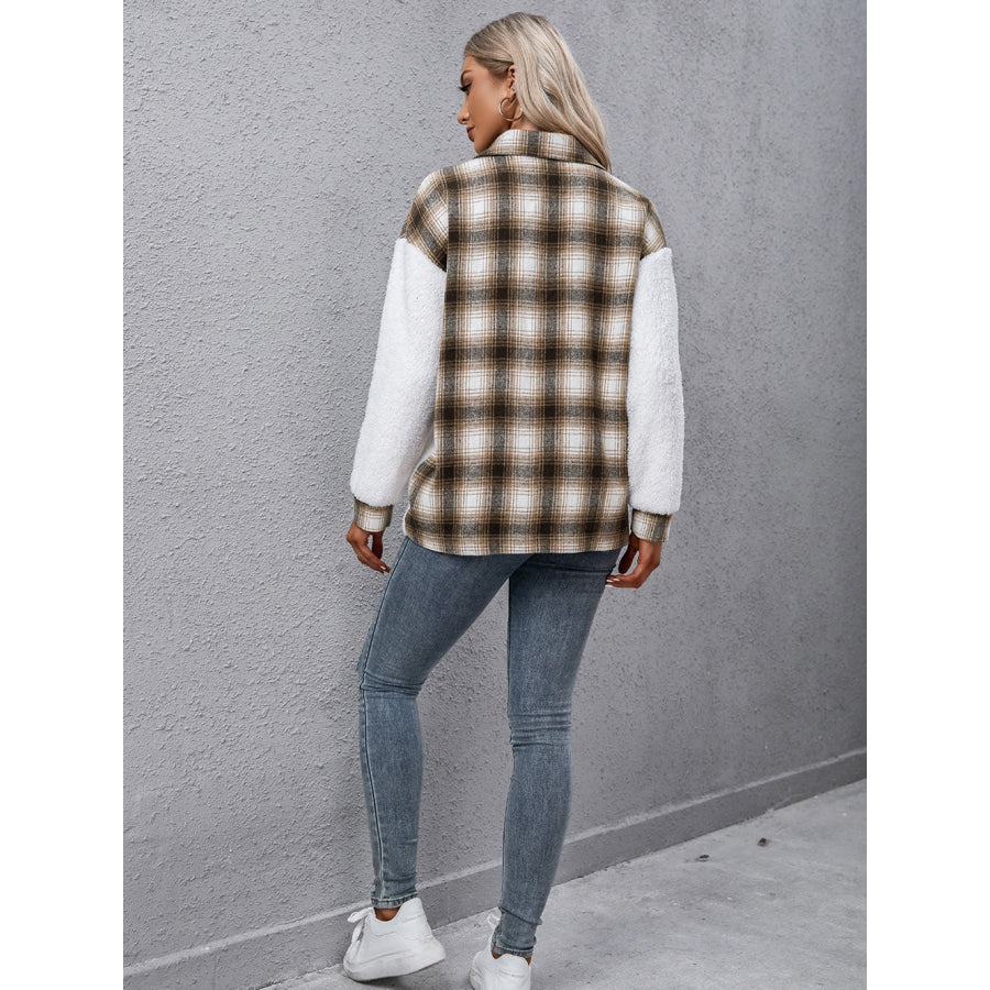 Plaid Collared Neck Button Down Jacket Khaki / S