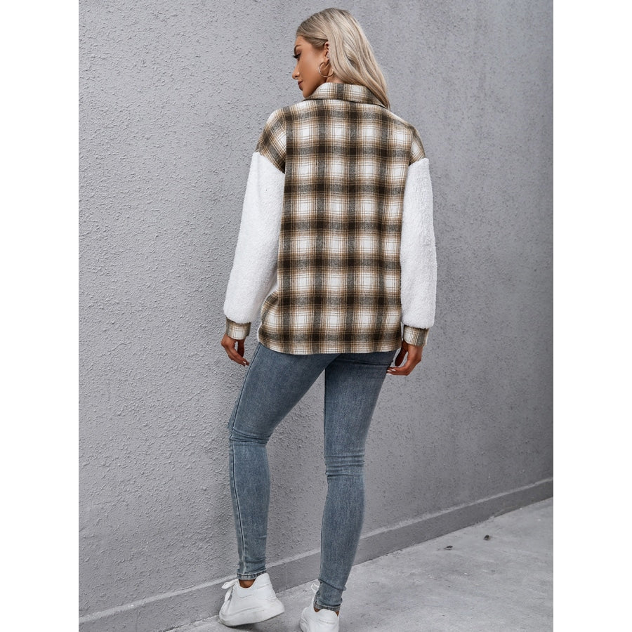 Plaid Collared Neck Button Down Jacket Khaki / S