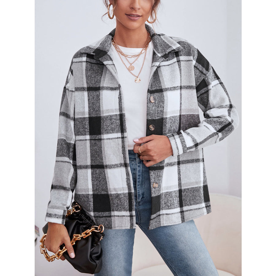 Plaid Collared Neck Button Down Jacket White / S Apparel and Accessories