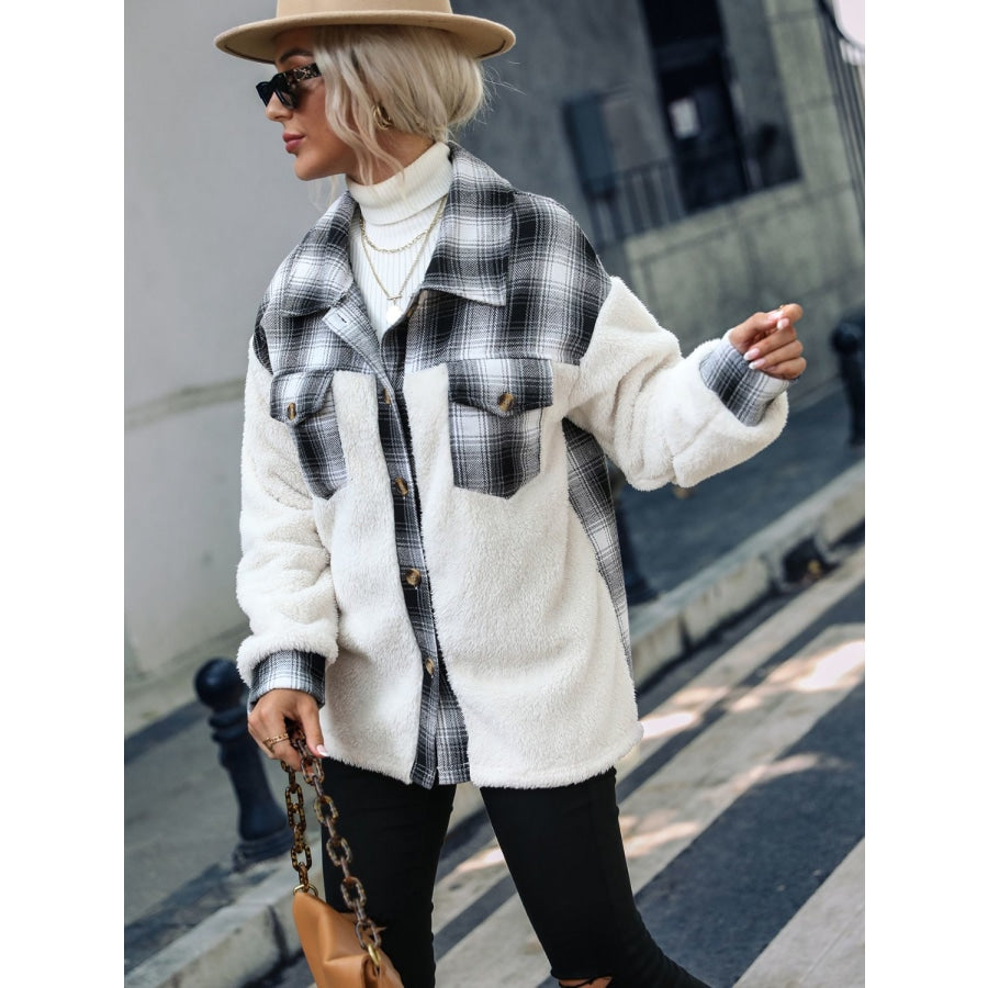 Plaid Collared Neck Button Down Jacket White / S