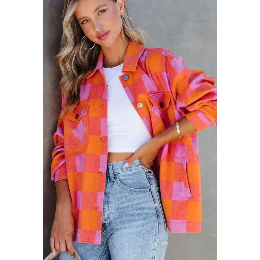 Plaid Collared Neck Button Up Jacket Apparel and Accessories