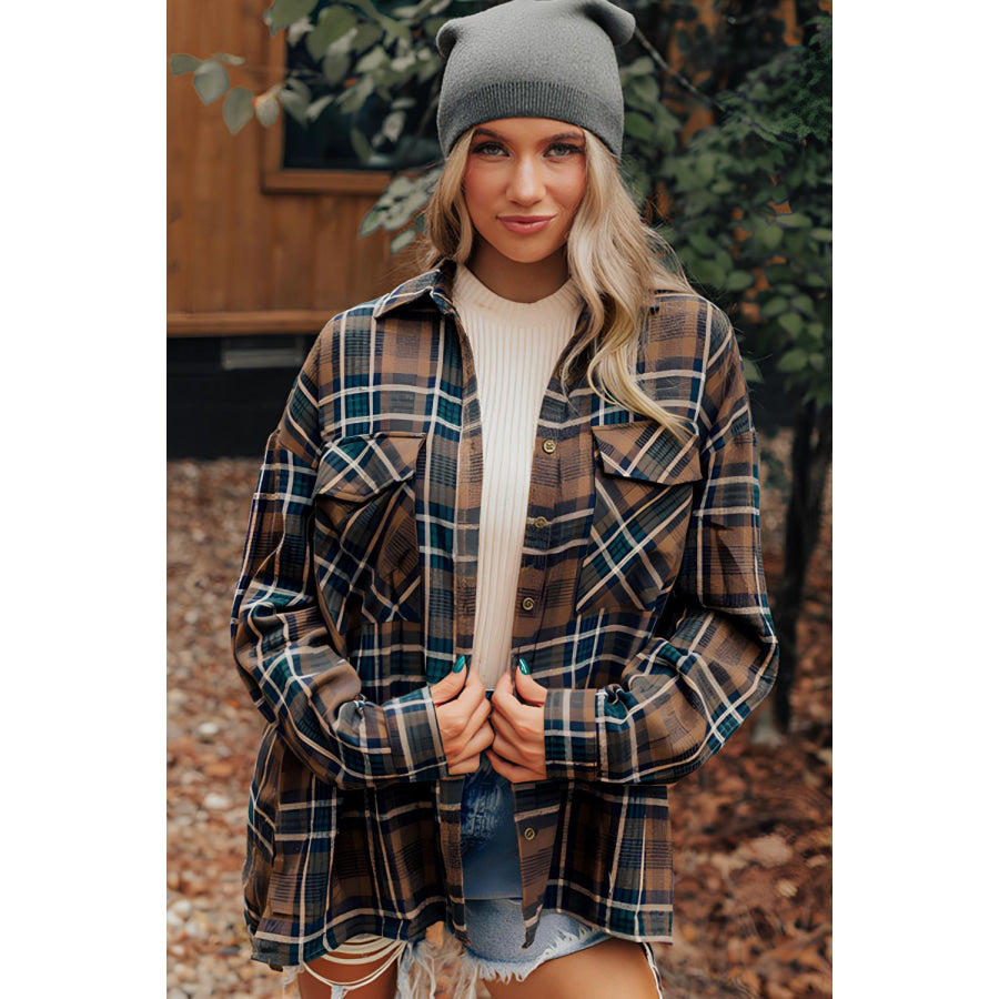 Plaid Collared Neck Button Up Jacket Coffee Brown / S Apparel and Accessories