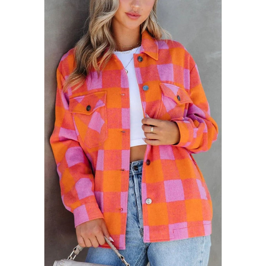 Plaid Collared Neck Button Up Jacket Apparel and Accessories