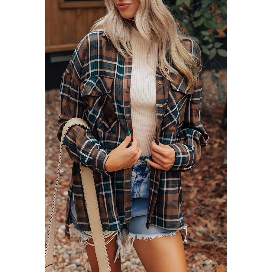 Plaid Collared Neck Button Up Jacket Coffee Brown / S Apparel and Accessories