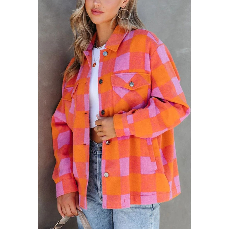 Plaid Collared Neck Button Up Jacket Orange / S Apparel and Accessories