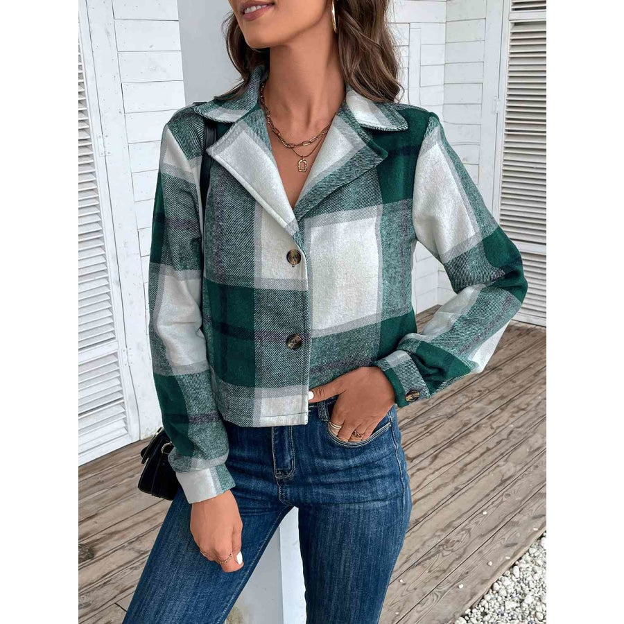 Plaid Collared Neck Button Up Long Sleeve Jacket Green / S