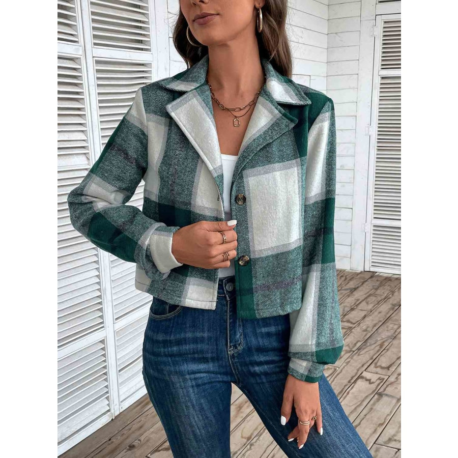 Plaid Collared Neck Button Up Long Sleeve Jacket