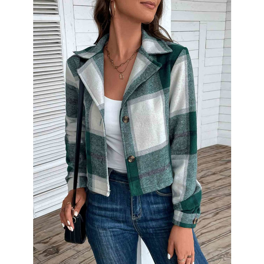 Plaid Collared Neck Button Up Long Sleeve Jacket