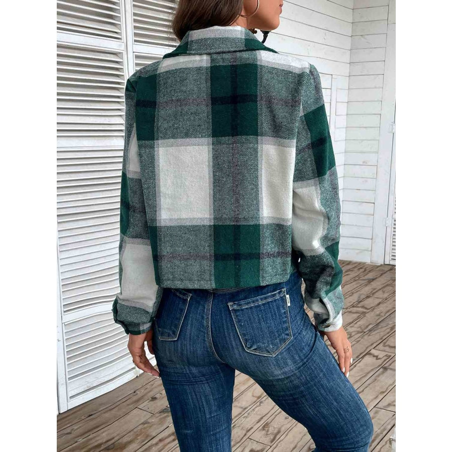 Plaid Collared Neck Button Up Long Sleeve Jacket