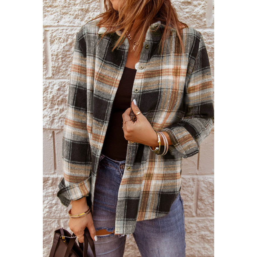 Plaid Collared Neck Button Up Long Sleeve Shirt Black / S Apparel and Accessories