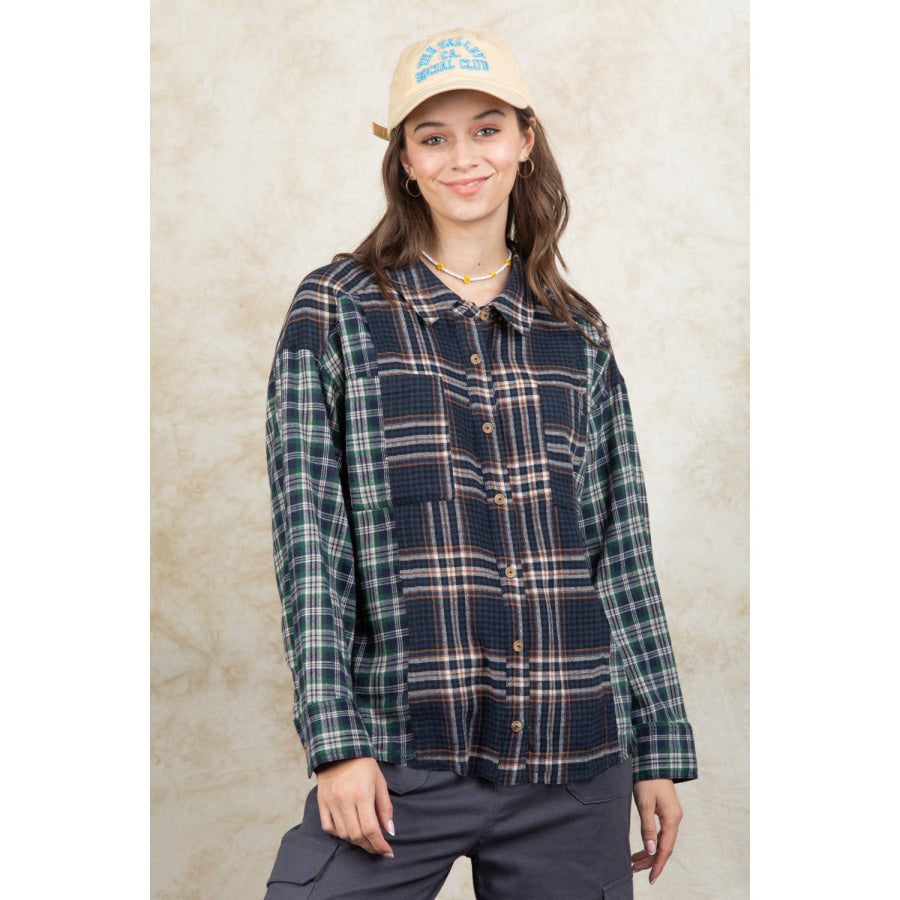 Plaid Collared Neck Button Up Long Sleeve Shirt French Blue / S Apparel and Accessories