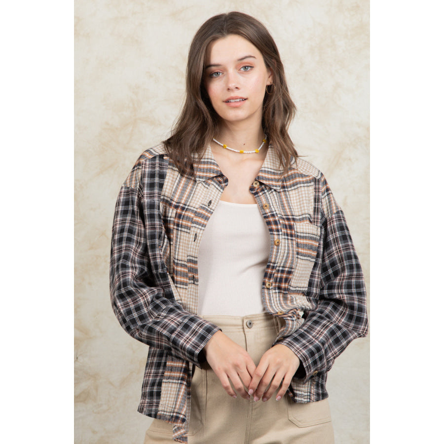 Plaid Collared Neck Button Up Long Sleeve Shirt Khaki / S Apparel and Accessories