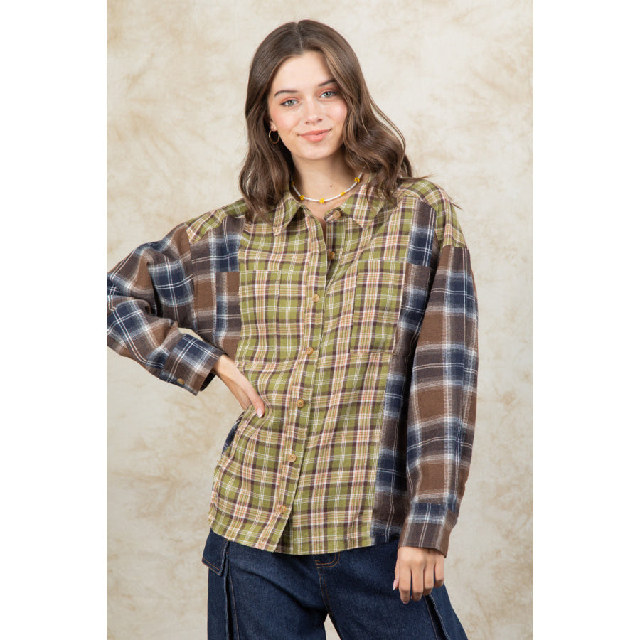 Plaid Collared Neck Button Up Long Sleeve Shirt Olive / S Apparel and Accessories