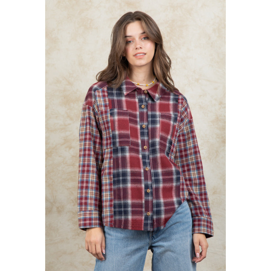 Plaid Collared Neck Button Up Long Sleeve Shirt Rust / S Apparel and Accessories