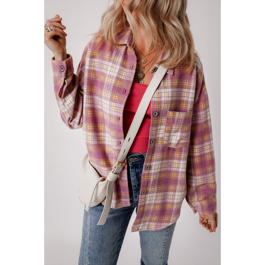 Plaid Collared Neck Button Up Shacket Apparel and Accessories