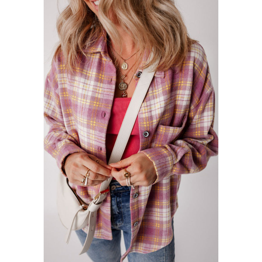 Plaid Collared Neck Button Up Shacket Apparel and Accessories