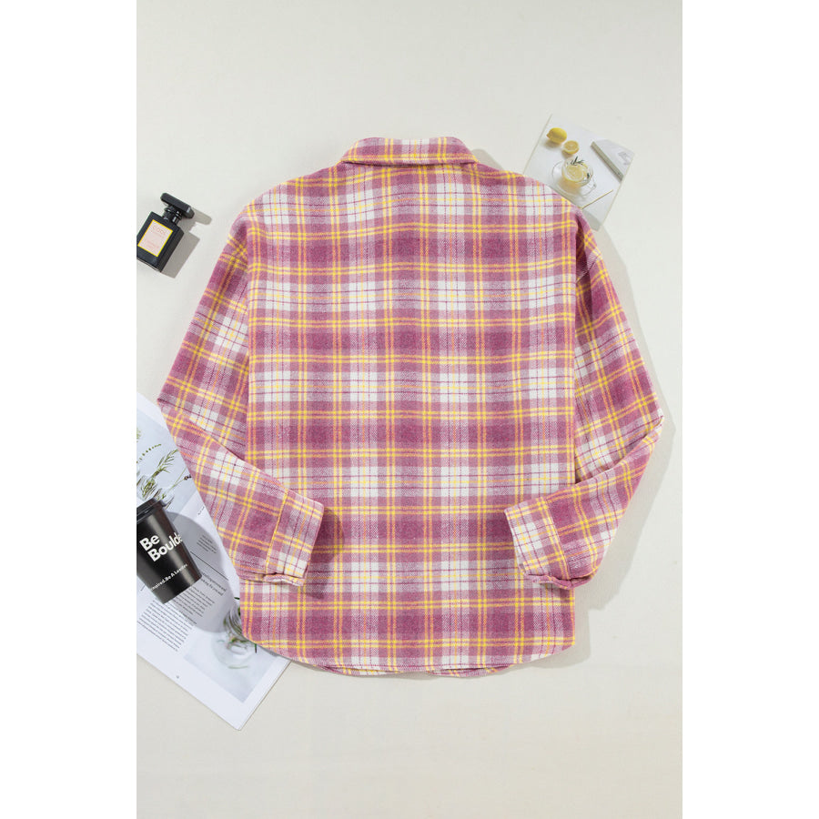 Plaid Collared Neck Button Up Shacket Apparel and Accessories