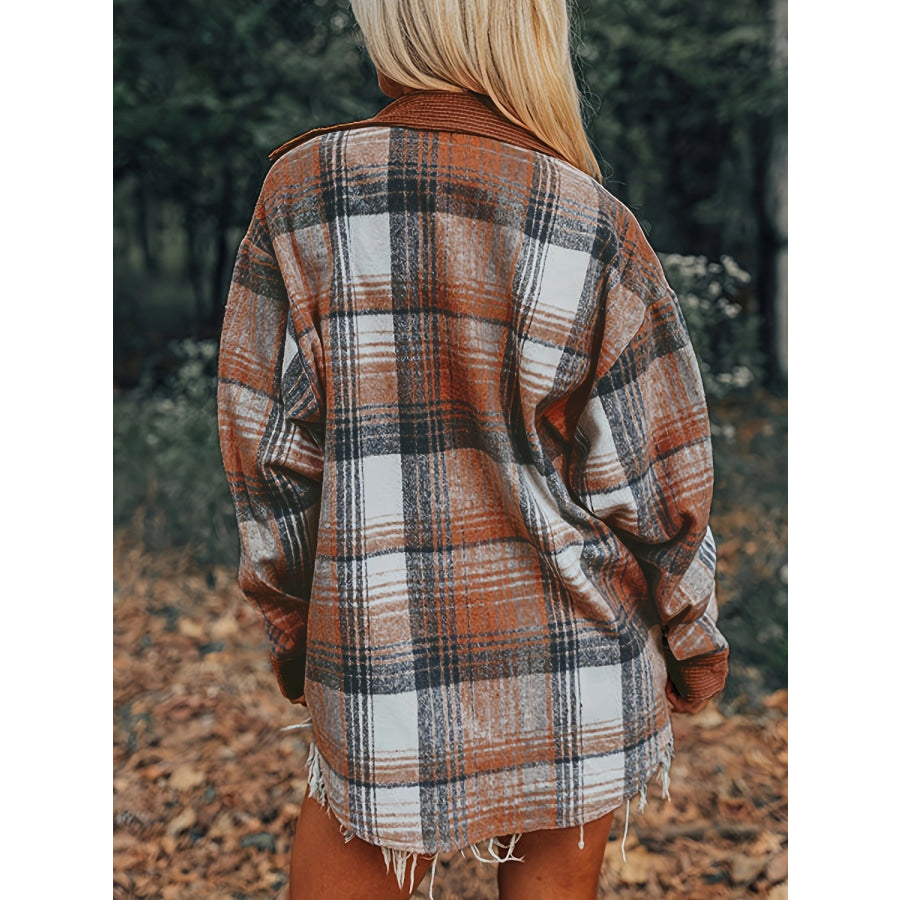 Plaid Collared Neck Button Up Shacket Apparel and Accessories