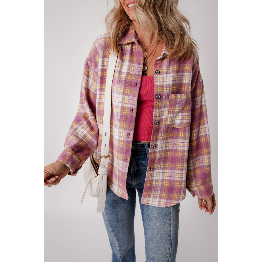 Plaid Collared Neck Button Up Shacket Apparel and Accessories