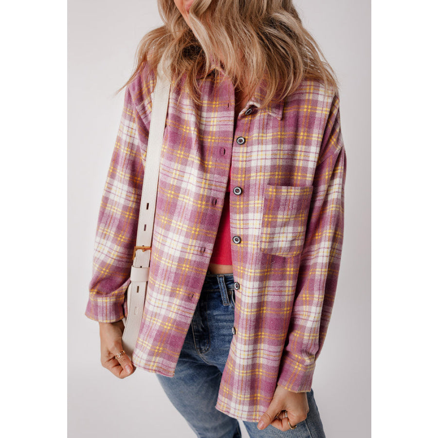 Plaid Collared Neck Button Up Shacket Apparel and Accessories