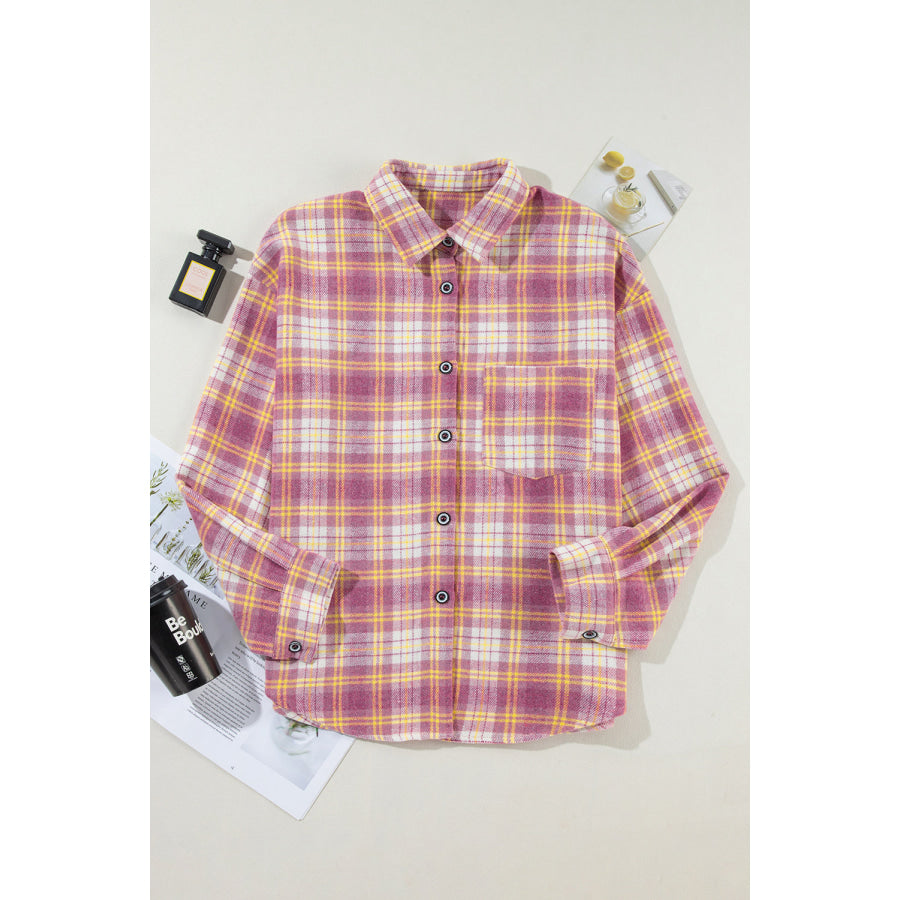 Plaid Collared Neck Button Up Shacket Apparel and Accessories