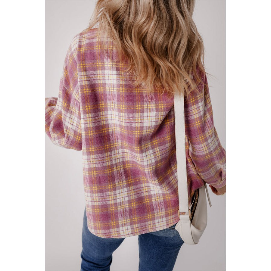 Plaid Collared Neck Button Up Shacket Apparel and Accessories