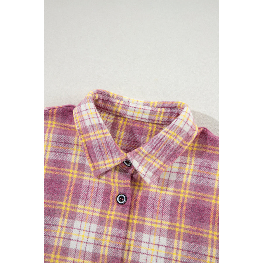 Plaid Collared Neck Button Up Shacket Apparel and Accessories