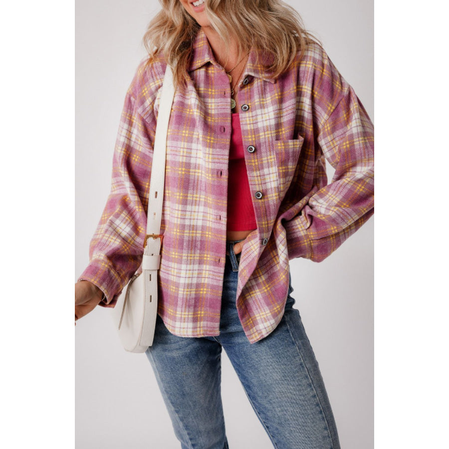 Plaid Collared Neck Button Up Shacket Pink / S Apparel and Accessories