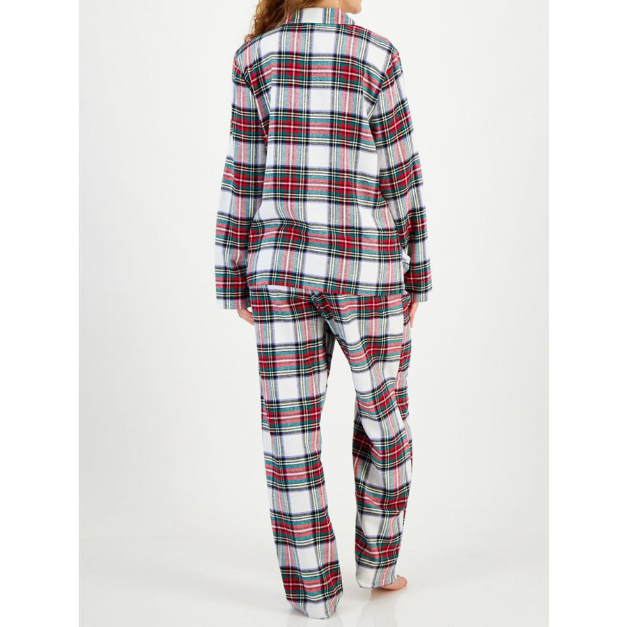 Plaid Collared Neck Button Up Top and Pants Lounge Set Apparel and Accessories