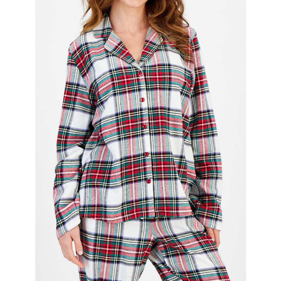 Plaid Collared Neck Button Up Top and Pants Lounge Set Apparel and Accessories