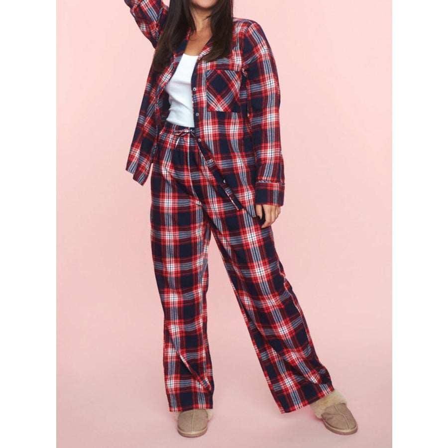 Plaid Collared Neck Button Up Top and Pants Lounge Set Apparel and Accessories