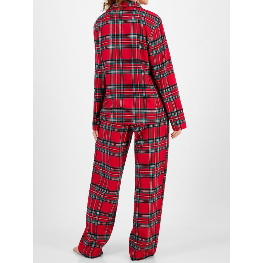 Plaid Collared Neck Button Up Top and Pants Lounge Set Apparel and Accessories