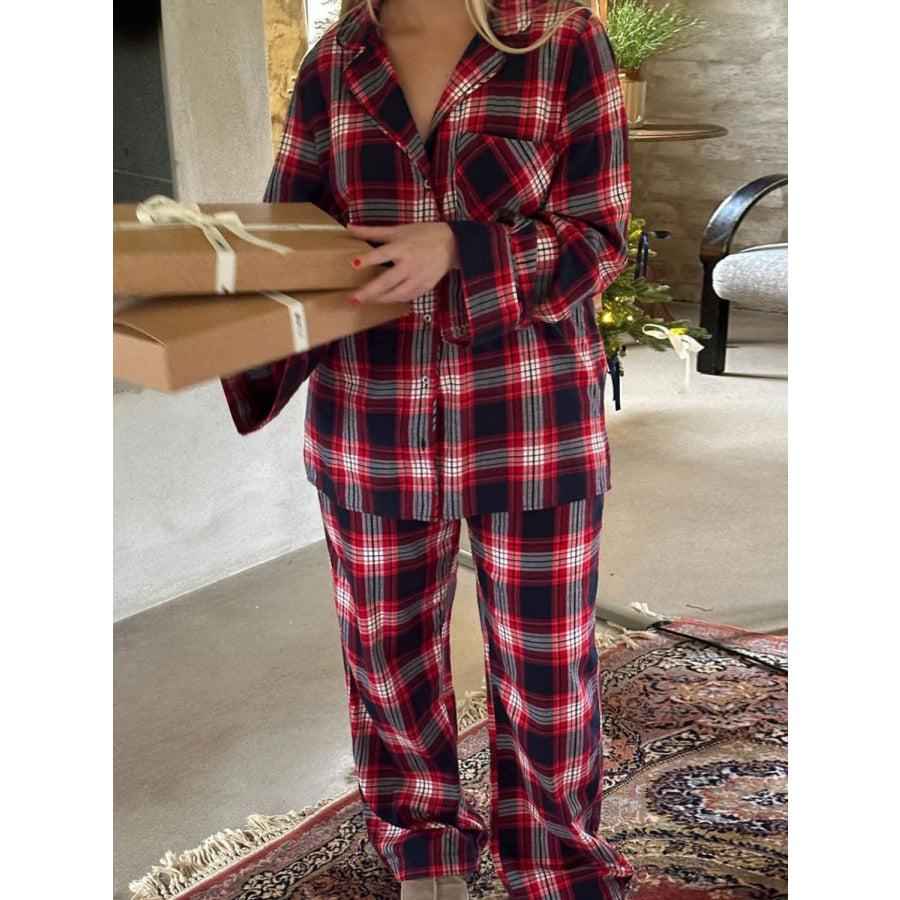 Plaid Collared Neck Button Up Top and Pants Lounge Set Burgundy / S Apparel and Accessories